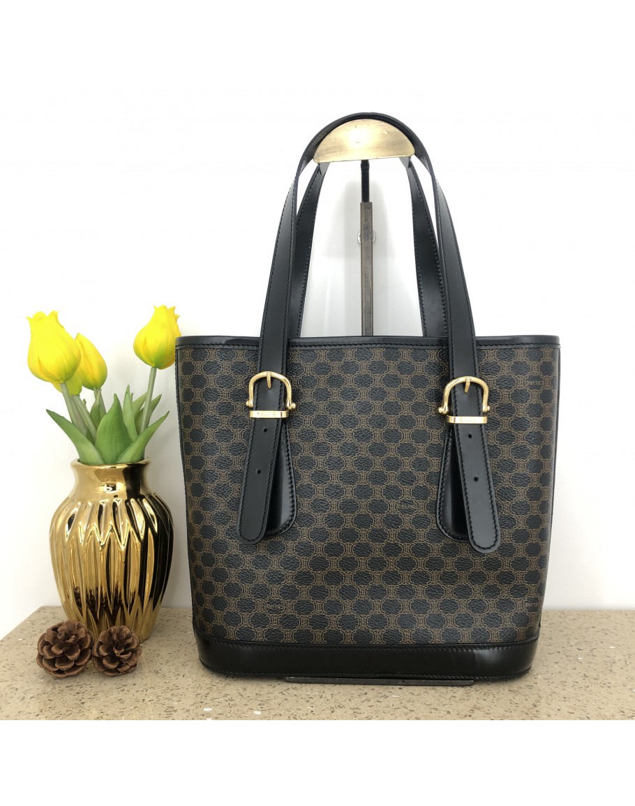 CELINE Vintage Black Macadam Monogram Tote Bag GHW